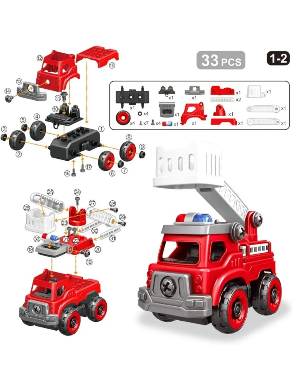 4-in-1 DIY Take Apart Fire Truck Toy with Electric Drill, STEM Building Set for